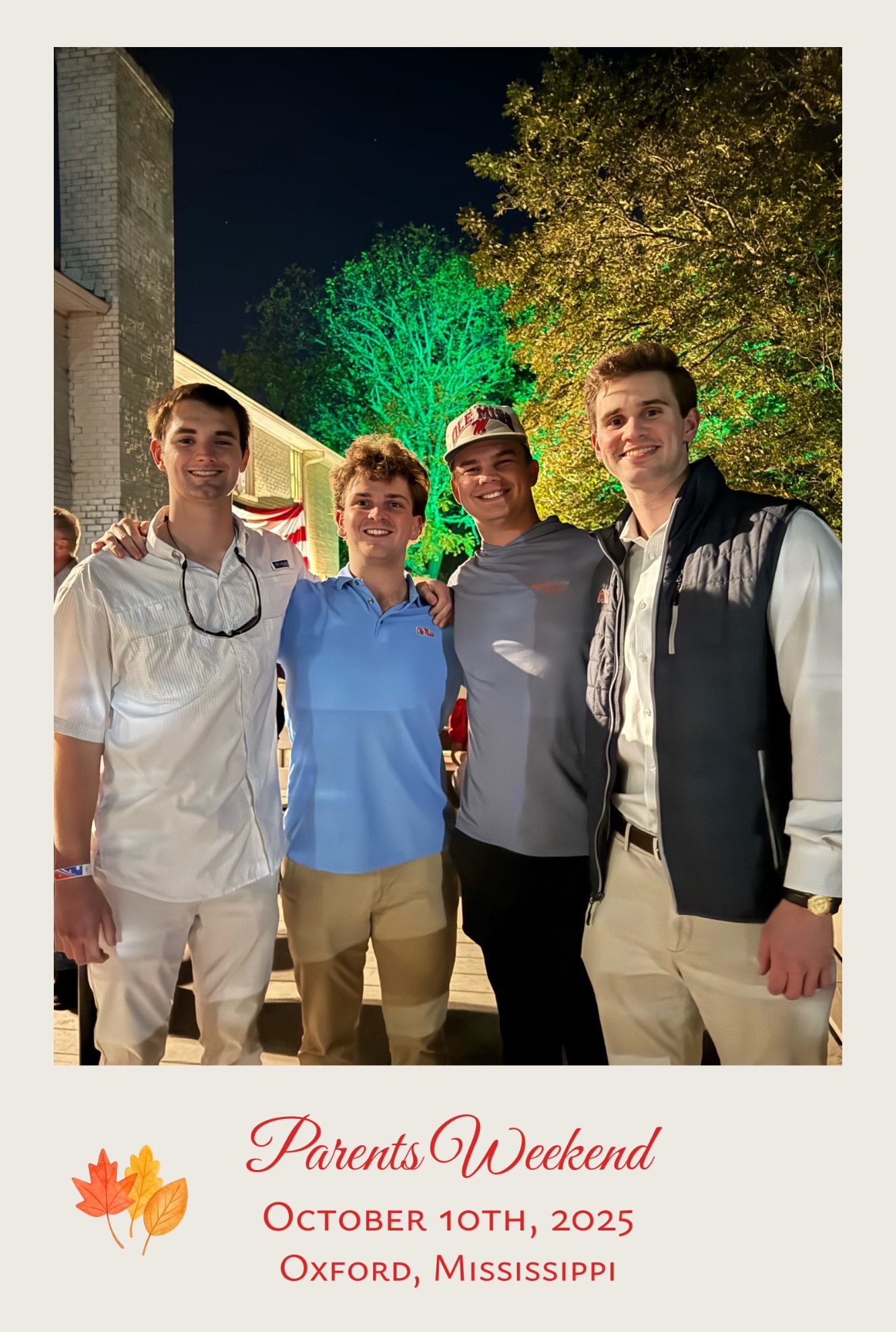 professional photograph of four fraternity men at a parents weekend at the fraternity house